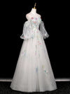 A-Line Long Sleeves Tulle White Long Prom Dress, White Long Graduation Dress