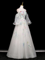 A-Line Long Sleeves Tulle White Long Prom Dress, White Long Graduation Dress