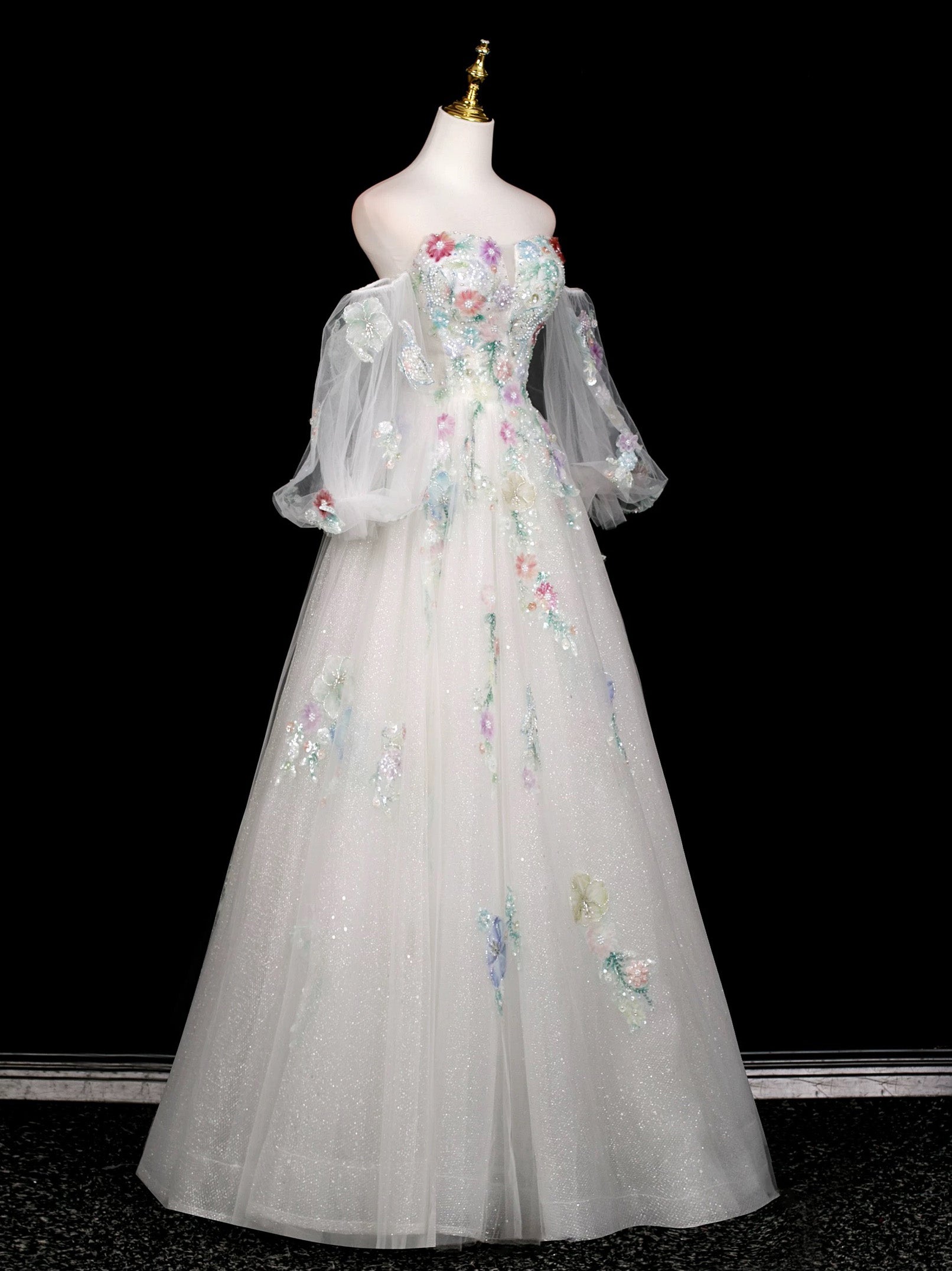 white long sleeve graduation dress White Tulle Sequins Long Prom Dress, Beautiful A-Line Evening Party Dress US 4 / White