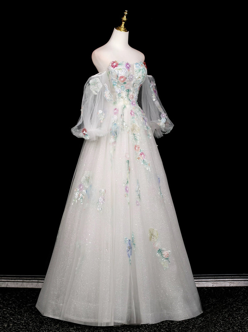 A-Line Long Sleeves Tulle White Long Prom Dress, White Long Graduation Dress