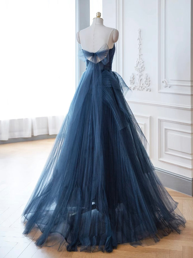 A- Line Tulle Sequin Dark Blue Long Prom Dress, Dark Blue Long Evening Dress