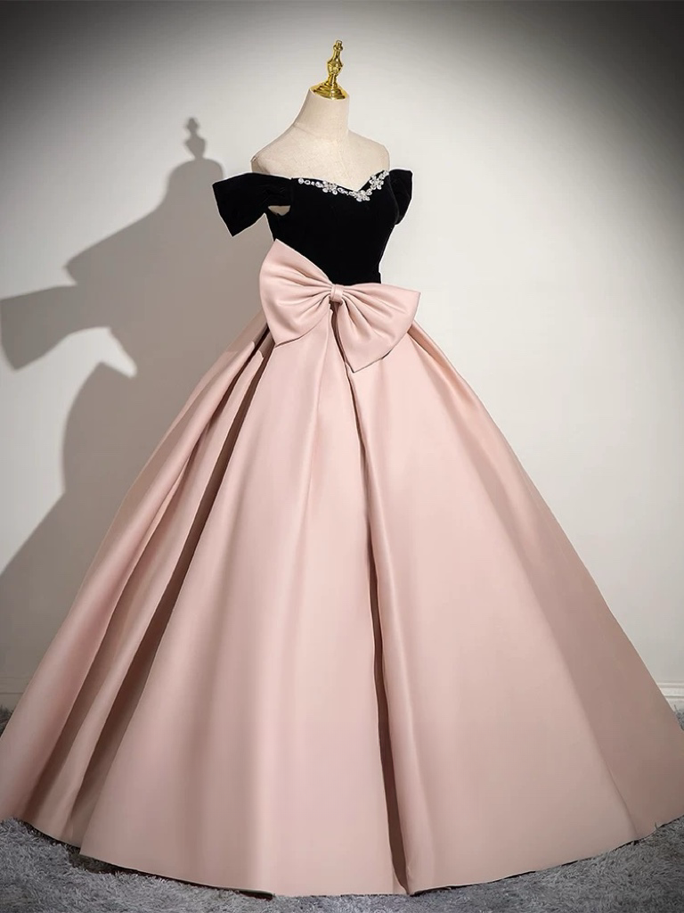 pink bow prom dress Chic Spaghetti-Strap Sleeveless Satin A-Line Beads With Zipper Knot The soft pink color exudes femininity A Line Pink Satin Bow