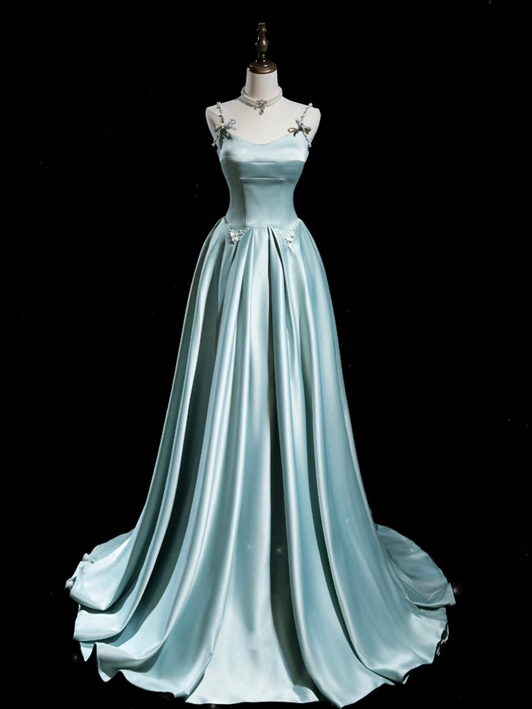 A-Line Blue Satin Long Prom Dress, Blue Long Formal Dressa