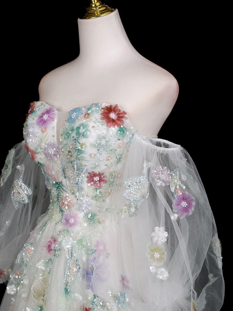 A-Line Long Sleeves Tulle White Long Prom Dress, White Long Graduation Dress
