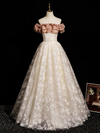 A-Line Off Shoulder Tulle Lace Champagne Long Prom Dress