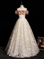 A-Line Off Shoulder Tulle Lace Champagne Long Prom Dress