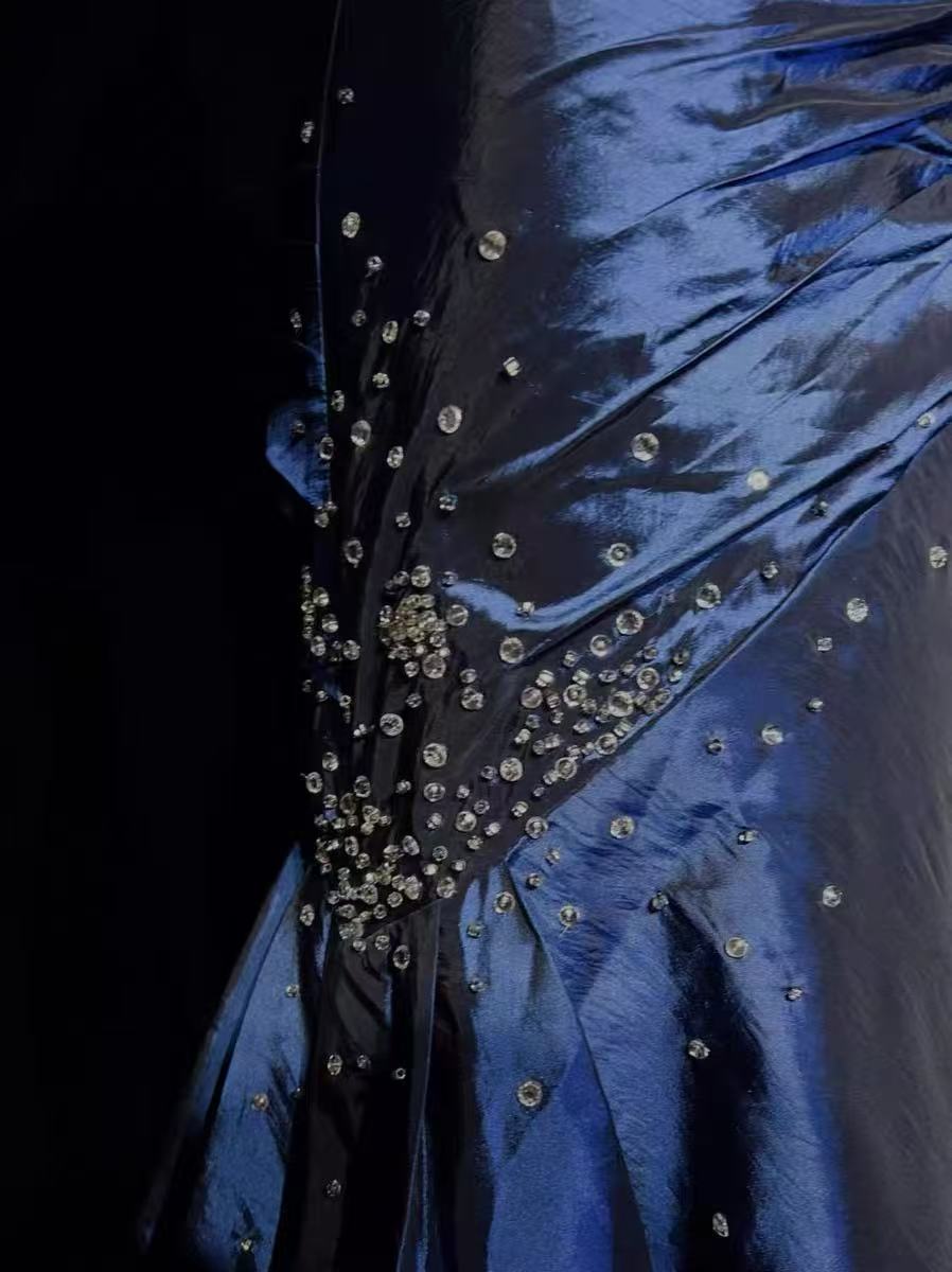 Mermaid Sweetheart Satin Sequin Dark Blue Long Prom Dress with Beads