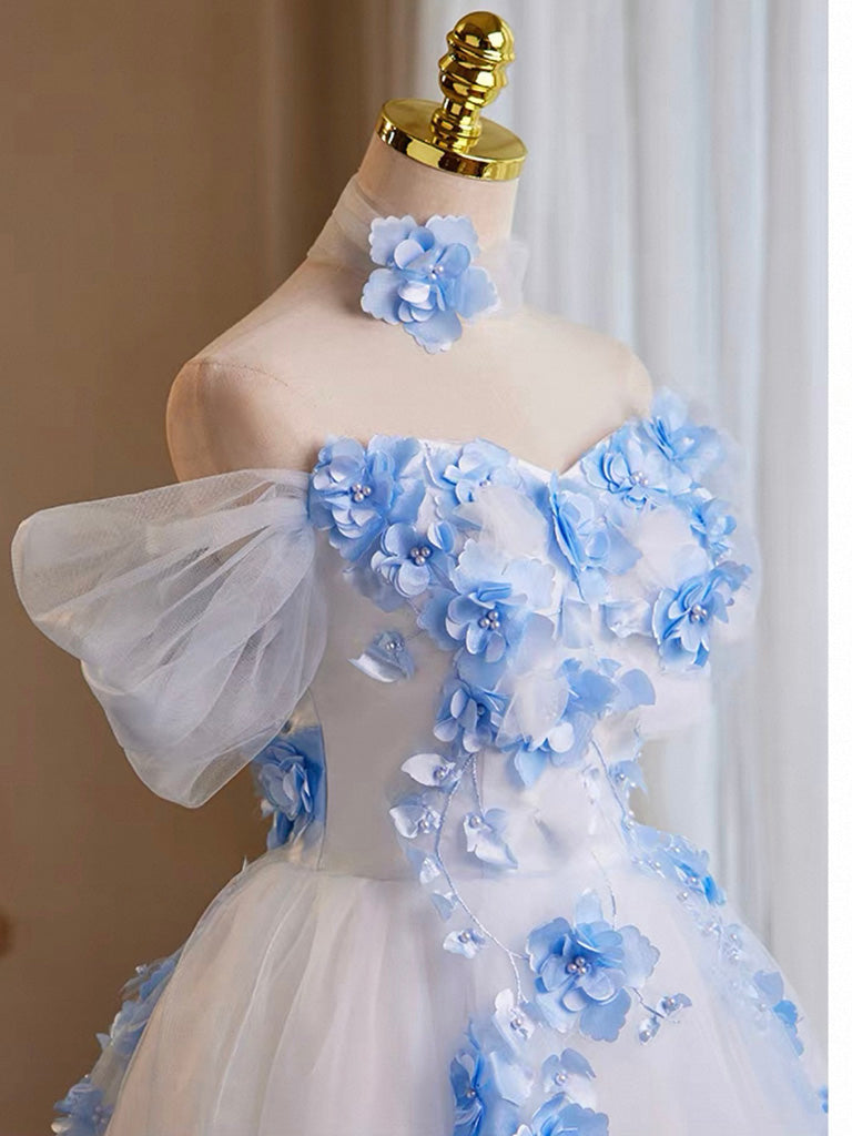 A-Line Tulle Flower White Short Prom Dress, White Homecoming Dress