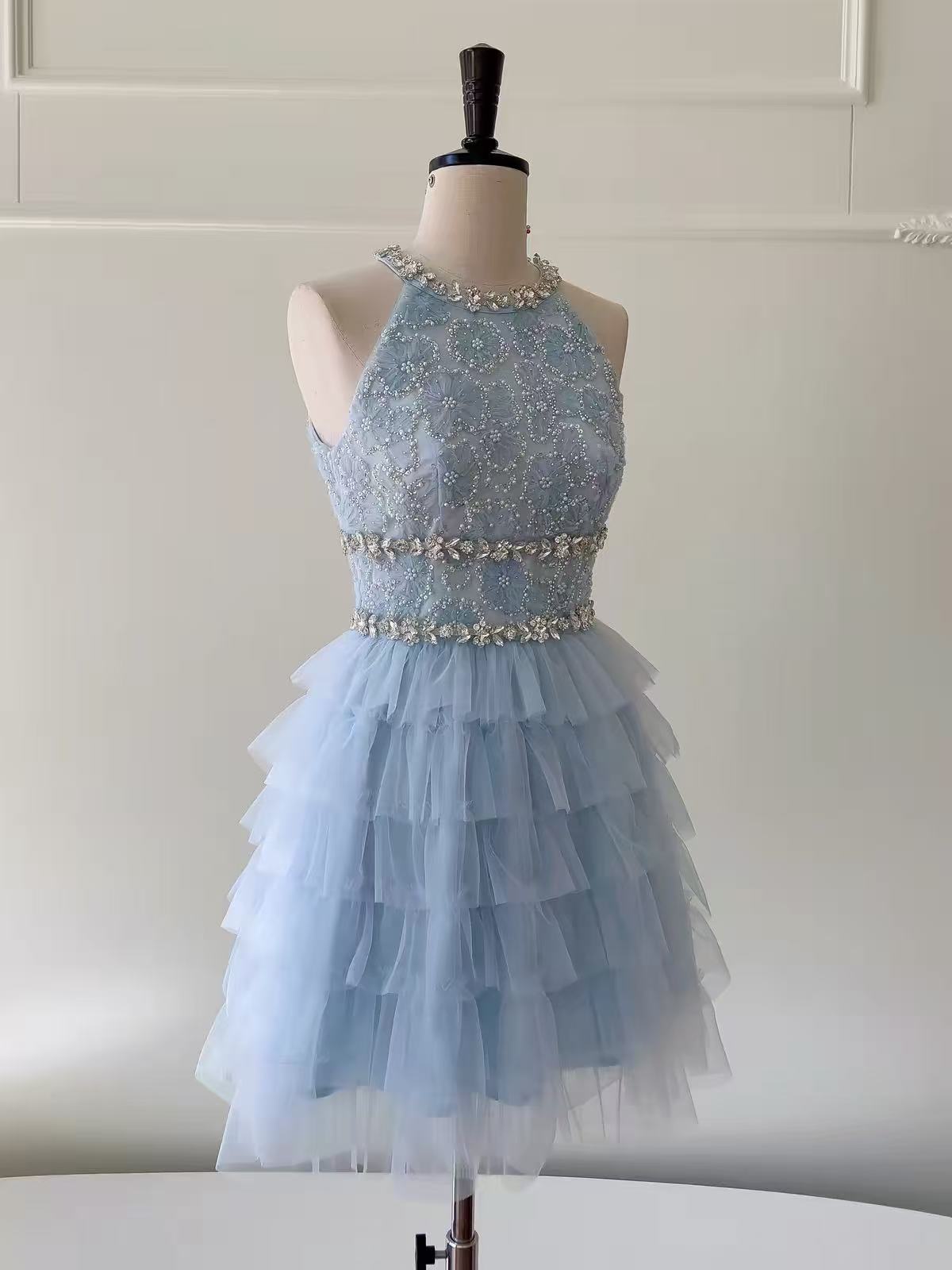 Light Blue Beaded Prom Dress with Tiered Tulle Prom Dress