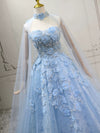 A-Line Sweetheart Neck Lace Blue Long Prom Dress, Blue Sweet 16 Dress