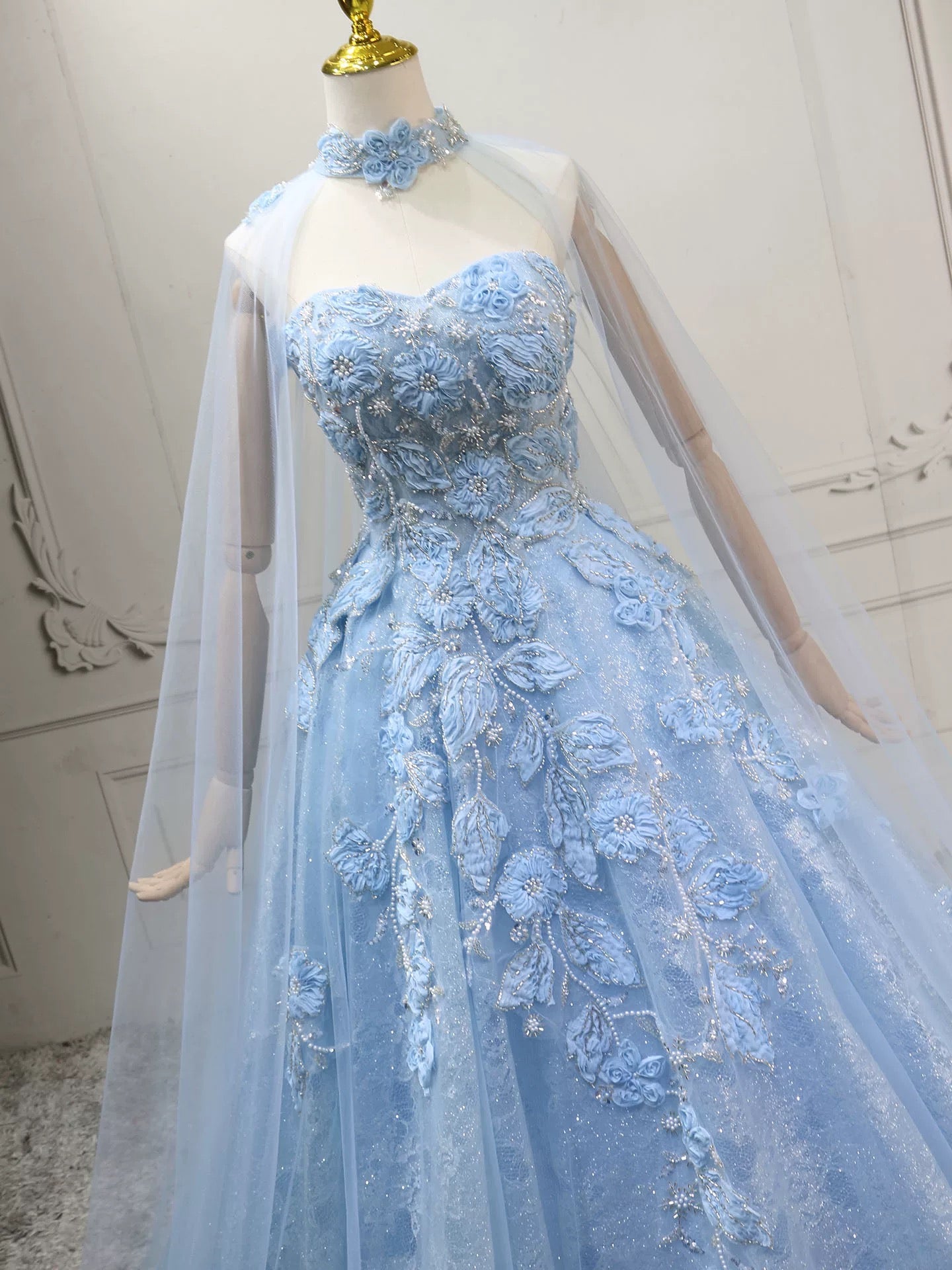 elegant light blue dress A-Line Sweetheart Neck Lace Blue Long Prom Dress, Blue Sweet 16 Dress US 4 / Blue