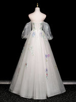 A-Line Long Sleeves Tulle White Long Prom Dress, White Long Graduation Dress