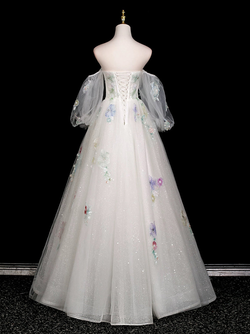 A-Line Long Sleeves Tulle White Long Prom Dress, White Long Graduation Dress