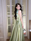 A-Line V Neck Tea Length Green Prom Dress, Green Long Party Dress