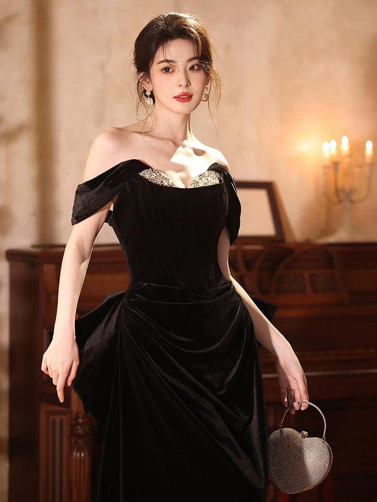 A-Line Off Shoulder velvet Black Long Prom Dress, Black Long Party Dress US 2 / Custom Color
