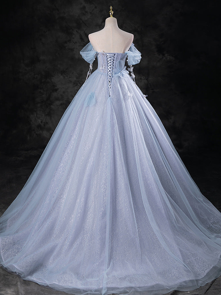 Blue Pearl Tulle Floor Length Prom Dress, A-Line Off the Shoulder Formal Party Dress US 12 / Blue Blue Pearl Tulle Floor Length Prom Dress, A-Line Off the Shoulder Formal Party Dress US 12 / Blue