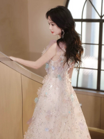 A-Line Tulle Lace Light Pink Long Prom Dress, Light Pink Formal Dress
