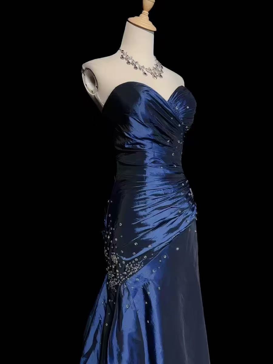 Mermaid Sweetheart Satin Sequin Dark Blue Long Prom Dress with Beads