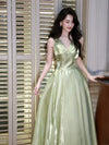 A-Line V Neck Tea Length Green Prom Dress, Green Long Party Dress
