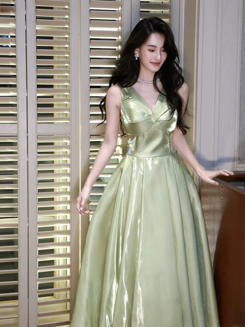 A-Line V Neck Tea Length Green Prom Dress, Green Long Party Dress