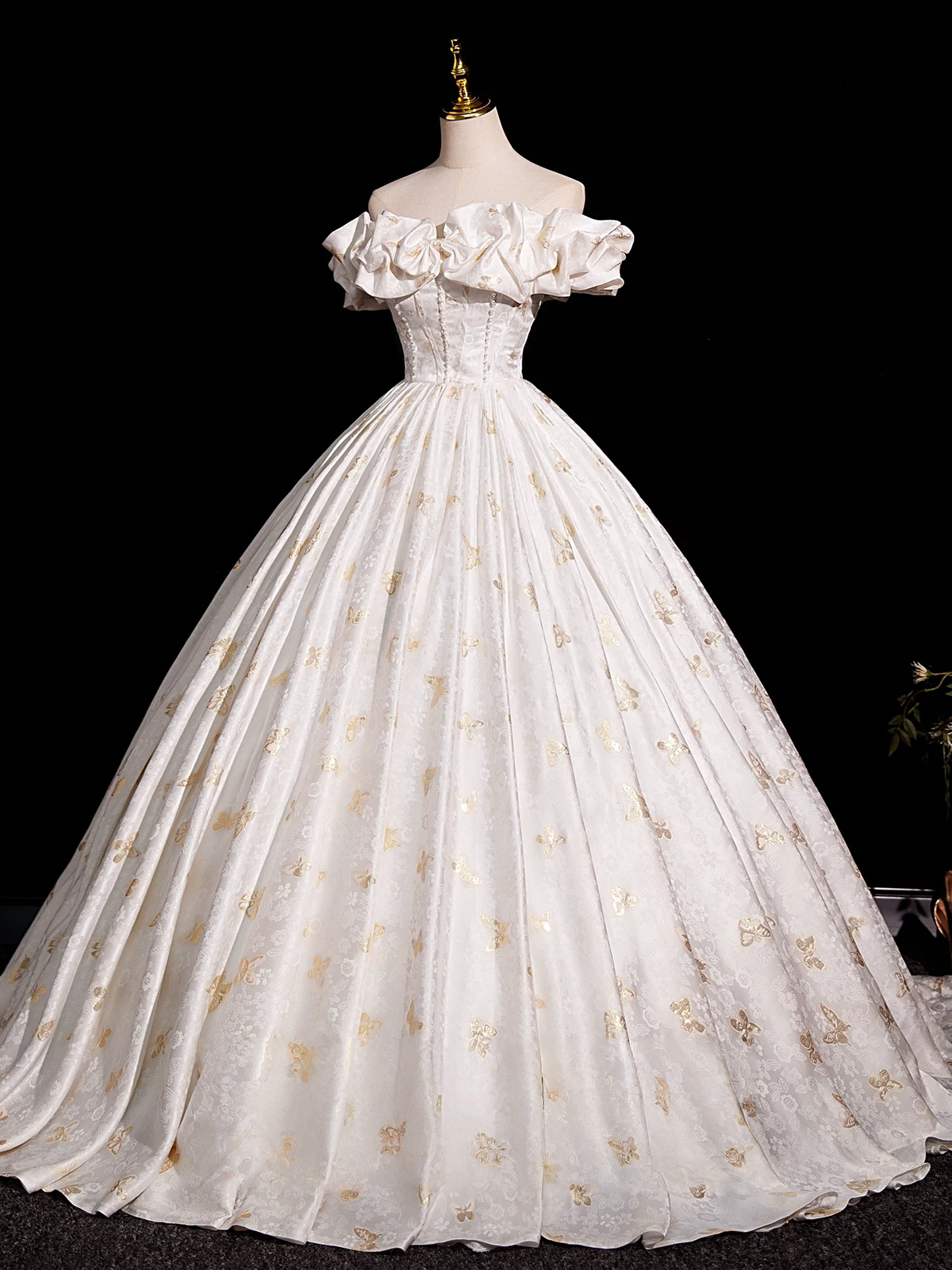 A-Line Off Shoulder Printed Satin Light Champagne Long Prom Dress