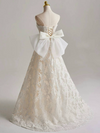 A-Line Tulle Lace Light Champagne Long Wedding Dress with Bow