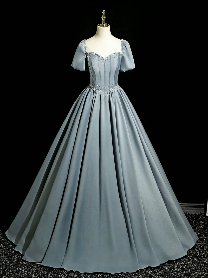 A-Line Sweetheart Neck Satin Gray Blue Long Prom Dress, Gray Blue Long Formal Dress