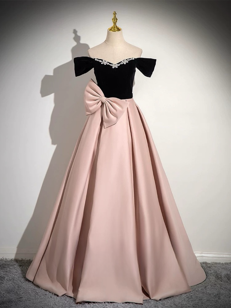 A-Line Off Shoulder Satin Pink Long Prom Dress, Pink Long Formal Dress