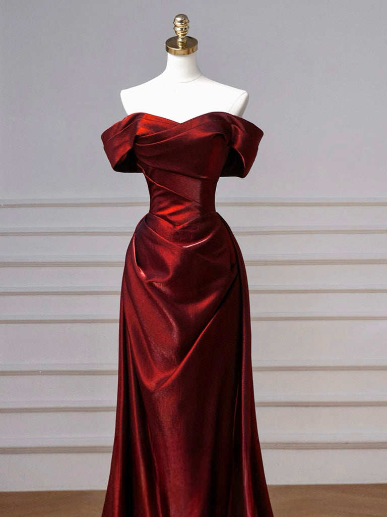 Simple Off Shoulder Satin Dark Blue Long Prom Dress, Dark Blue Long Formal Dress