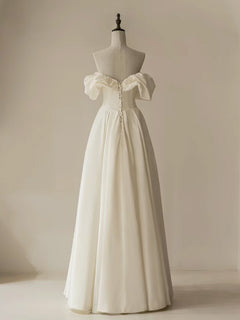 A-Line Off Shoulder Ivory Satin Long Prom Dress, ivory Long Formal Dress