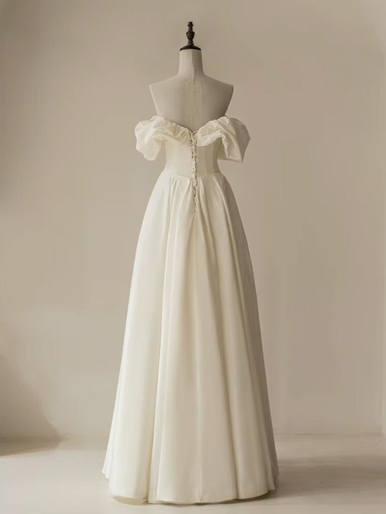 A-Line Off Shoulder Ivory Satin Long Prom Dress, ivory Long Formal Dress