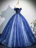 A-Line Off Shoulder Tulle Lace Blue Long Prom Dress, Blue Long Formal Dress