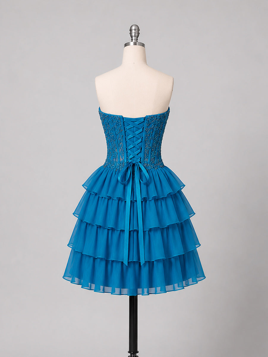 A-Line Sweetheart Chiffon Lace Applique Short Blue Prom Dress