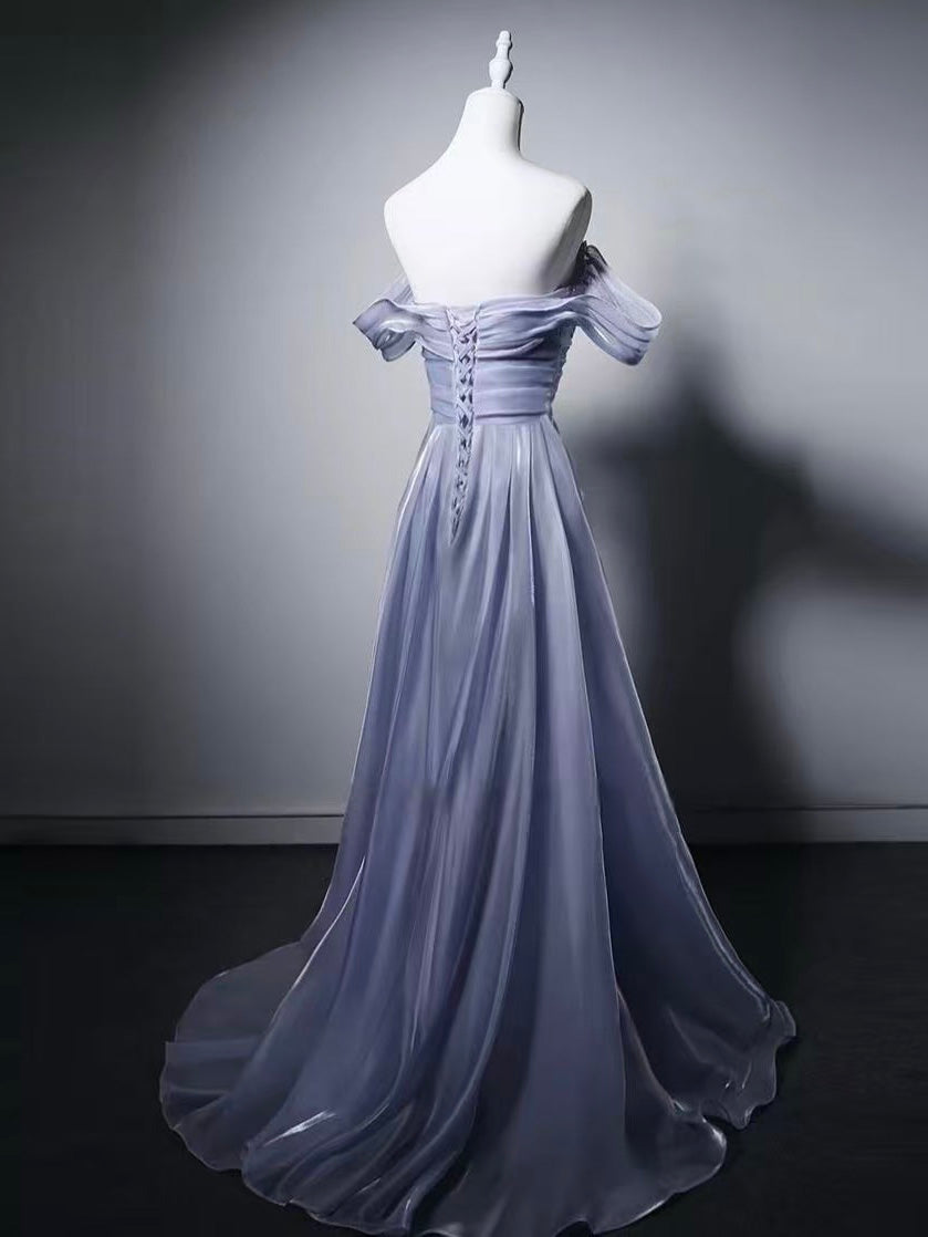 A-line Sweetheart Neck Off Shoulder Light Purple Long Prom Dress with Beads