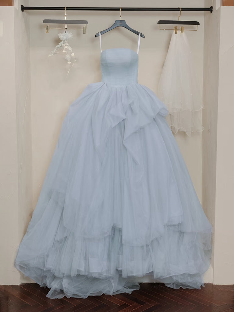 A-Line Tulle Gray Long Prom Dress, Gray Long Evening Dress