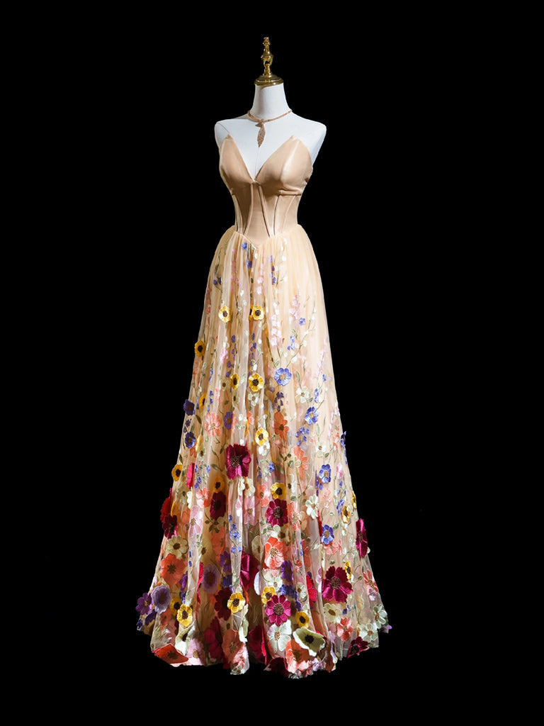 A-Line V Neck Tulle Lace Champagne Long Prom Dress, Champagne Formal Dress