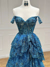 A-Line Tulle Sequin Blue Long Prom Dress, Blue Sequin Long Formal Dress