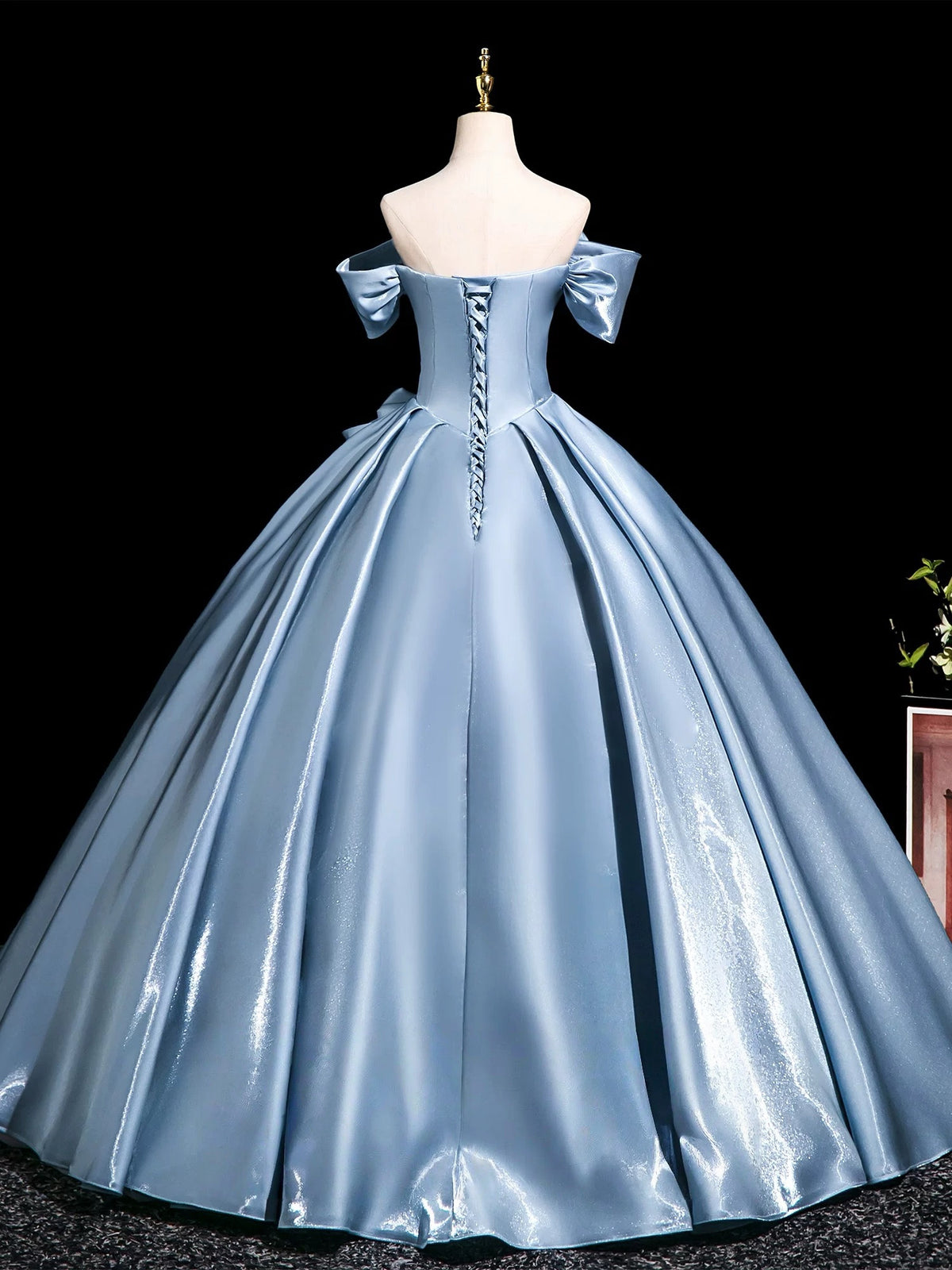 A-Line Off Shoulder Satin Floor Length Blue Long Prom Dress With 3D Flower