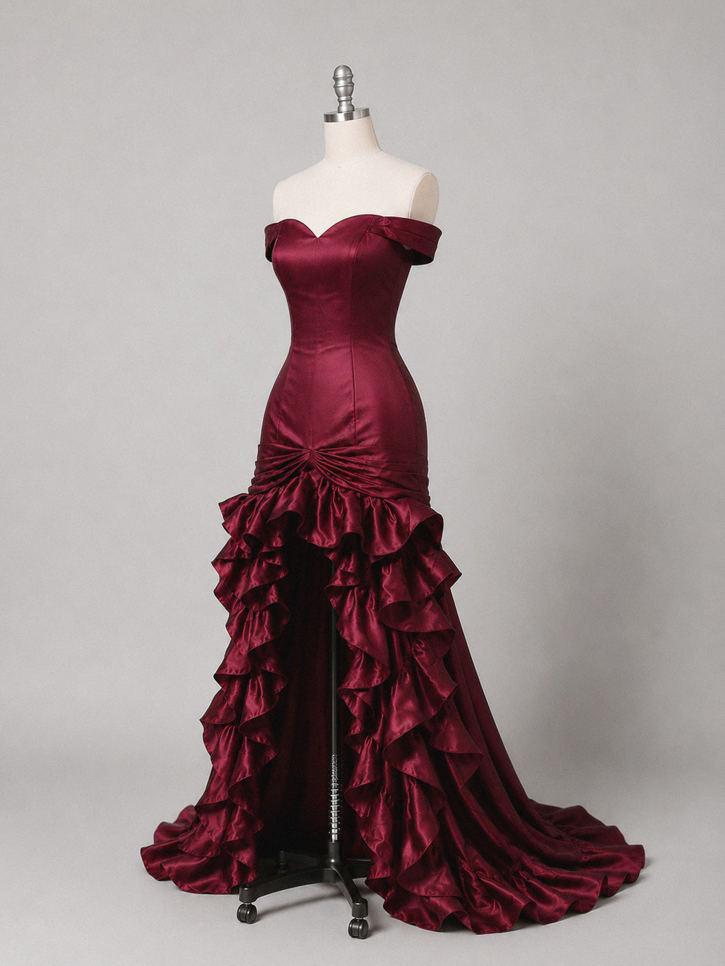 Mermaid Sweetheart Off Shoulder Satin Ruffles Burgundy Long Prom Dress