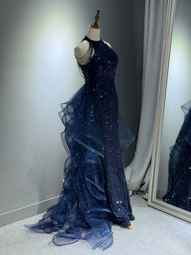 A-Line Tulle Sequin Dark Blue Long Prom Dress, Dark Blue Long Formal Dress