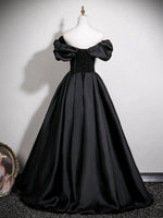 A-Line Off Shoulder Satin Black Long Prom Dress, Black Formal Dress