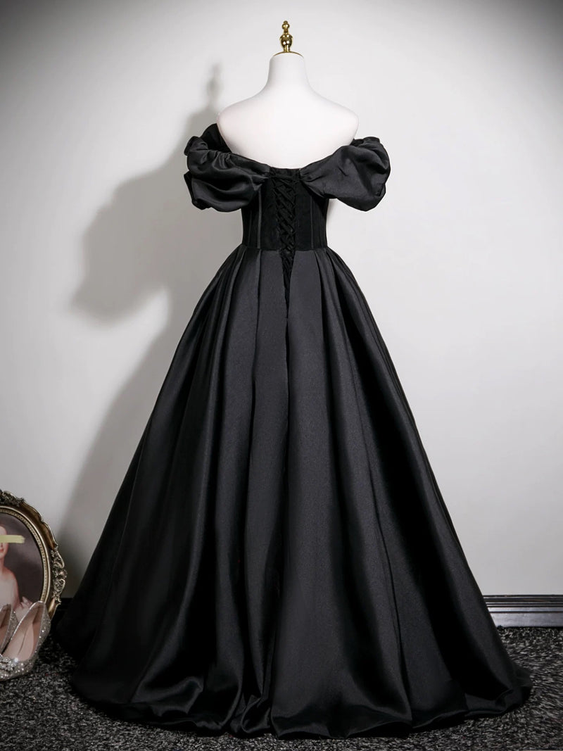 A-Line Off Shoulder Satin Black Long Prom Dress, Black Formal Dress