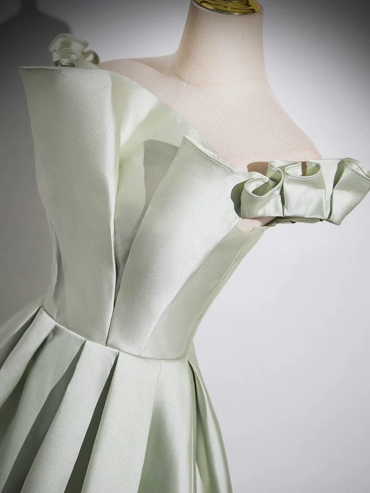 A-Line Off Shoulder Satin Light Green Long Prom Dress, Green Long Formal Dress