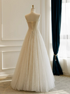 A-Line Tulle Lace Light Champagne Long Prom Dress, Light Champagne Long Formal Dress