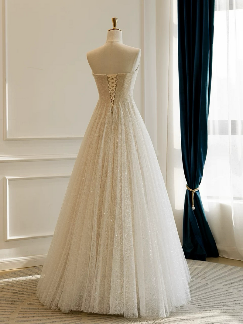 A-Line Tulle Lace Light Champagne Long Prom Dress, Light Champagne Long Formal Dress