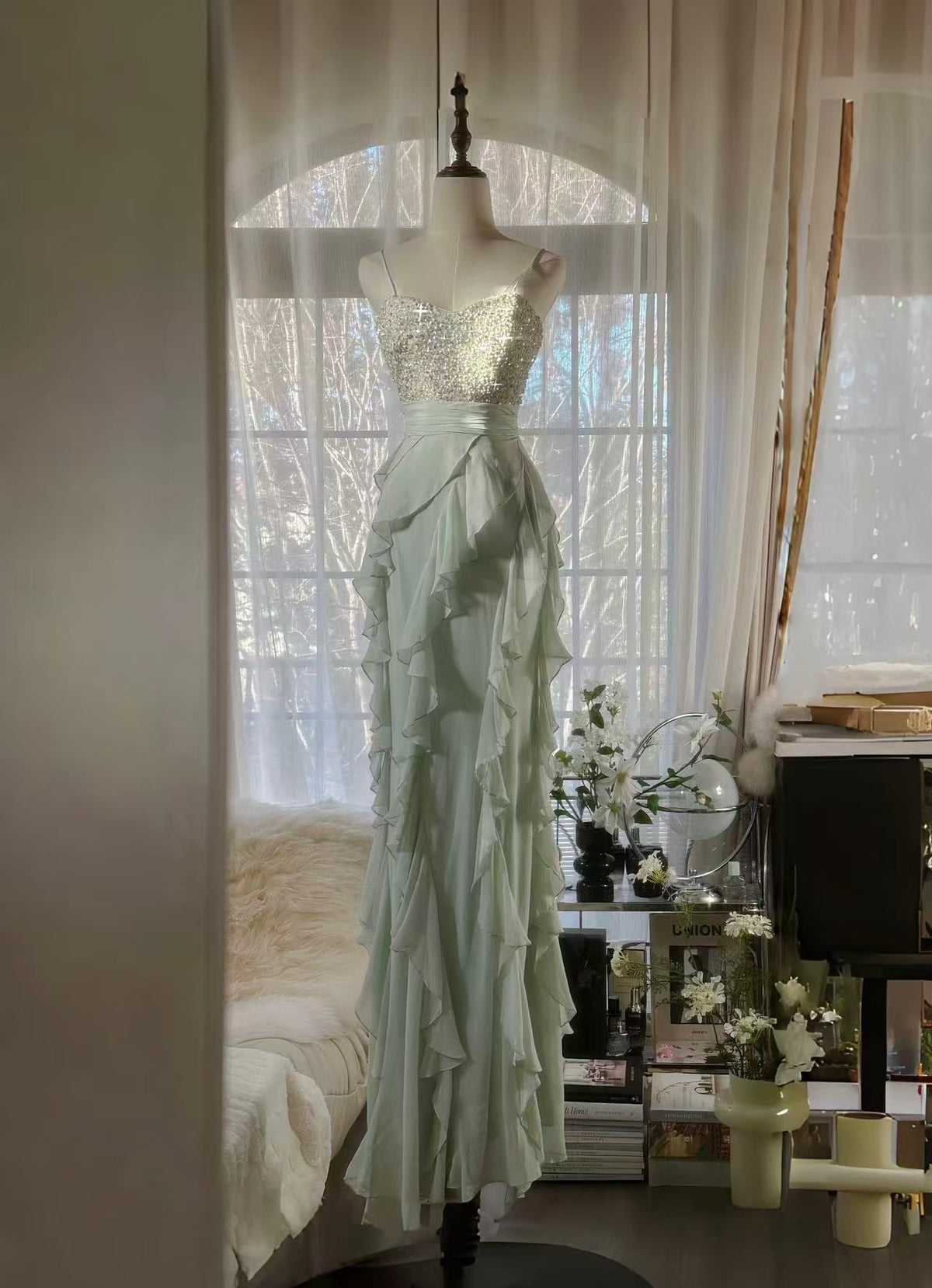 A-line Sweetheart Chiffon Ruffles Long Green Prom Dress with Sequin Beads