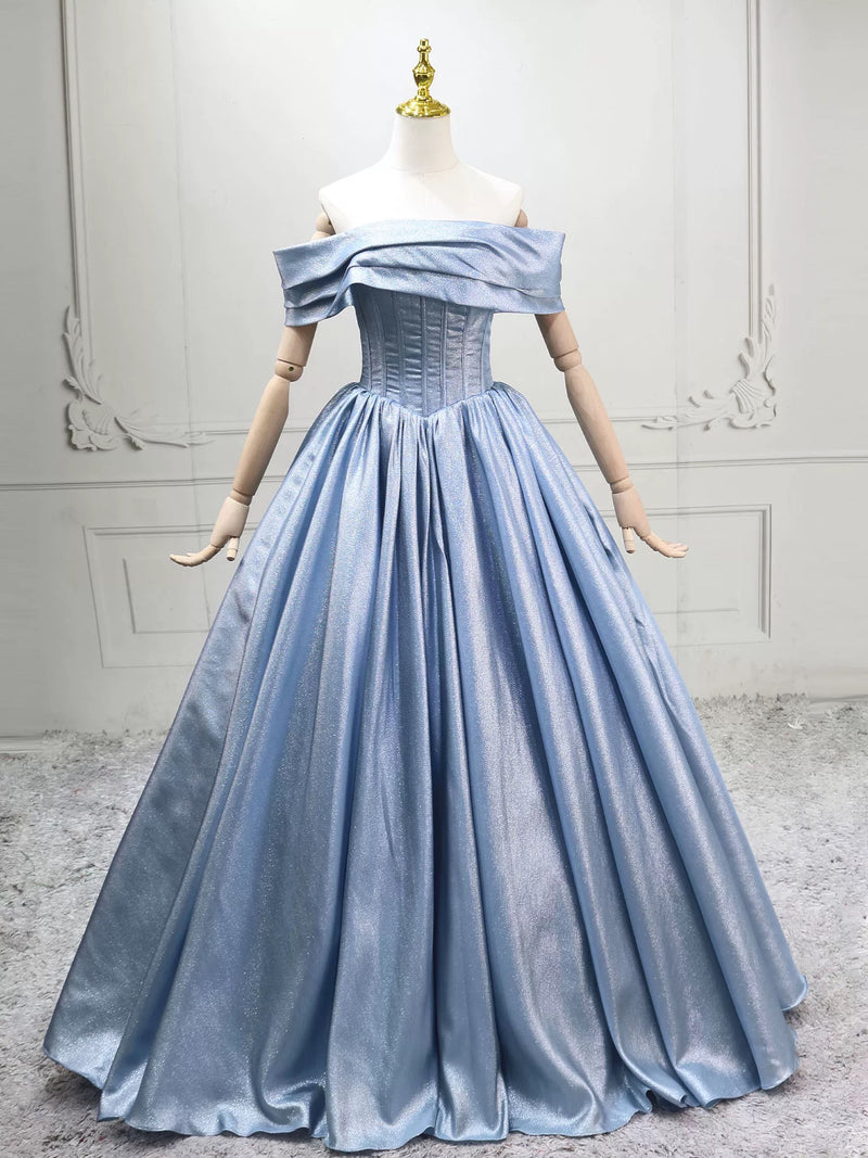 A-line Off Shoulder Satin Blue Long Prom Dress, Blue Long Formal Dress