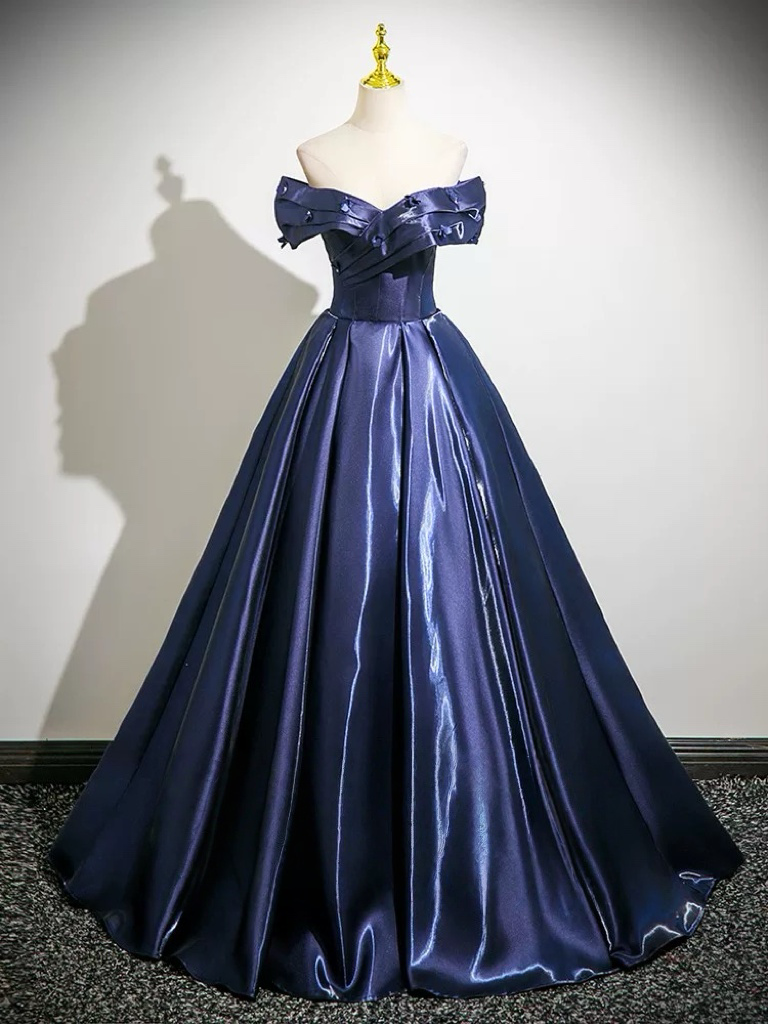 A-Line Off Shoulder Satin Dark Blue Long prom Dress, Dark Blue Long Formal Dress