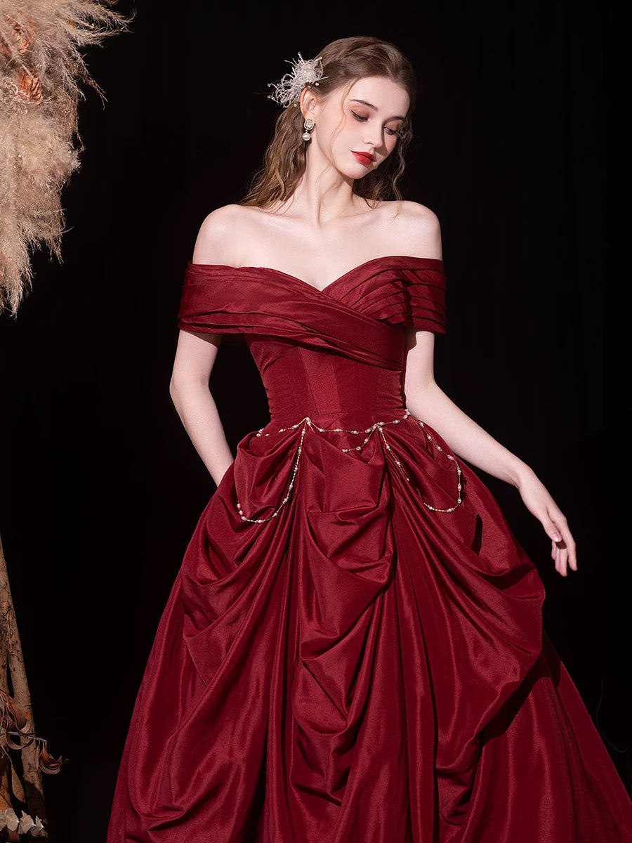 A-Line Off Shoulder Satin Burgundy Long Prom Dress, Burgundy Long Evening Dress