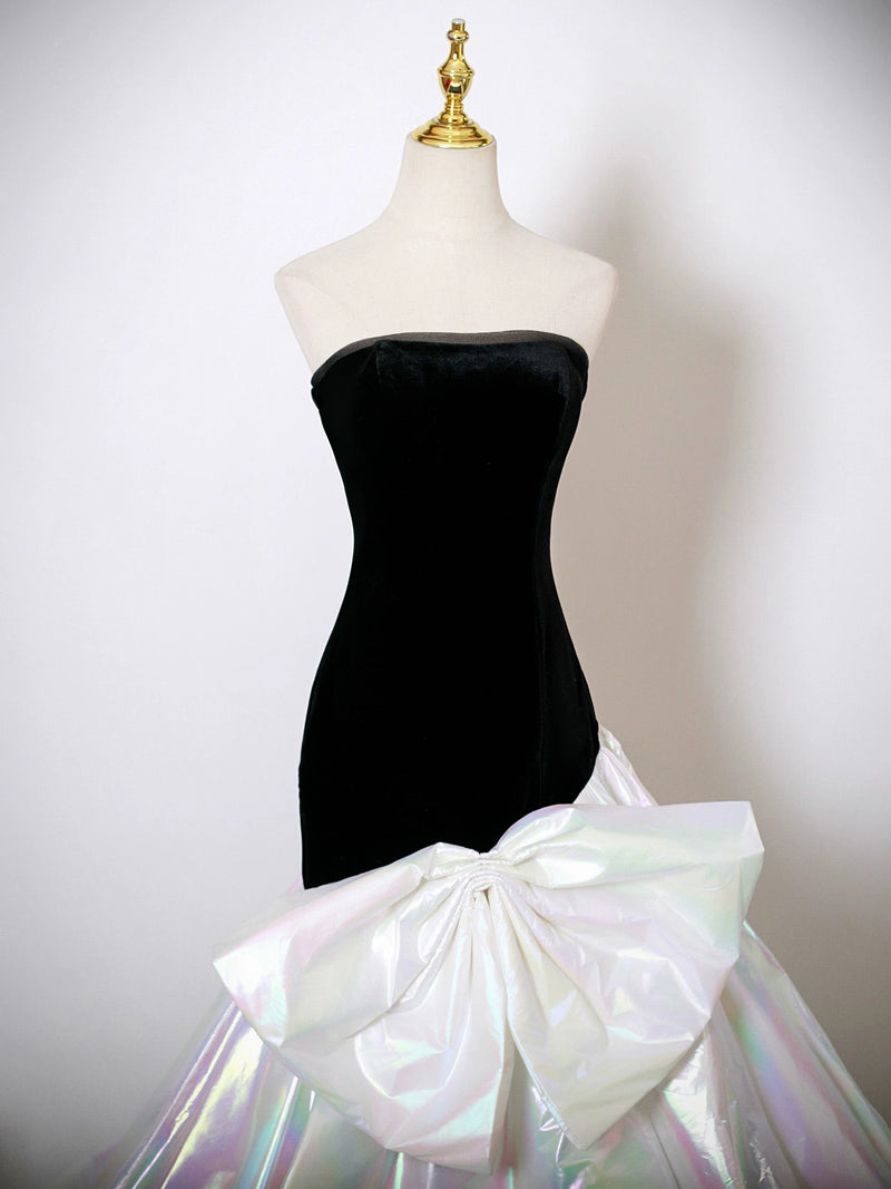 Mermaid White/Black Velvet Long Prom Dress, White/Black Long Evening Dress